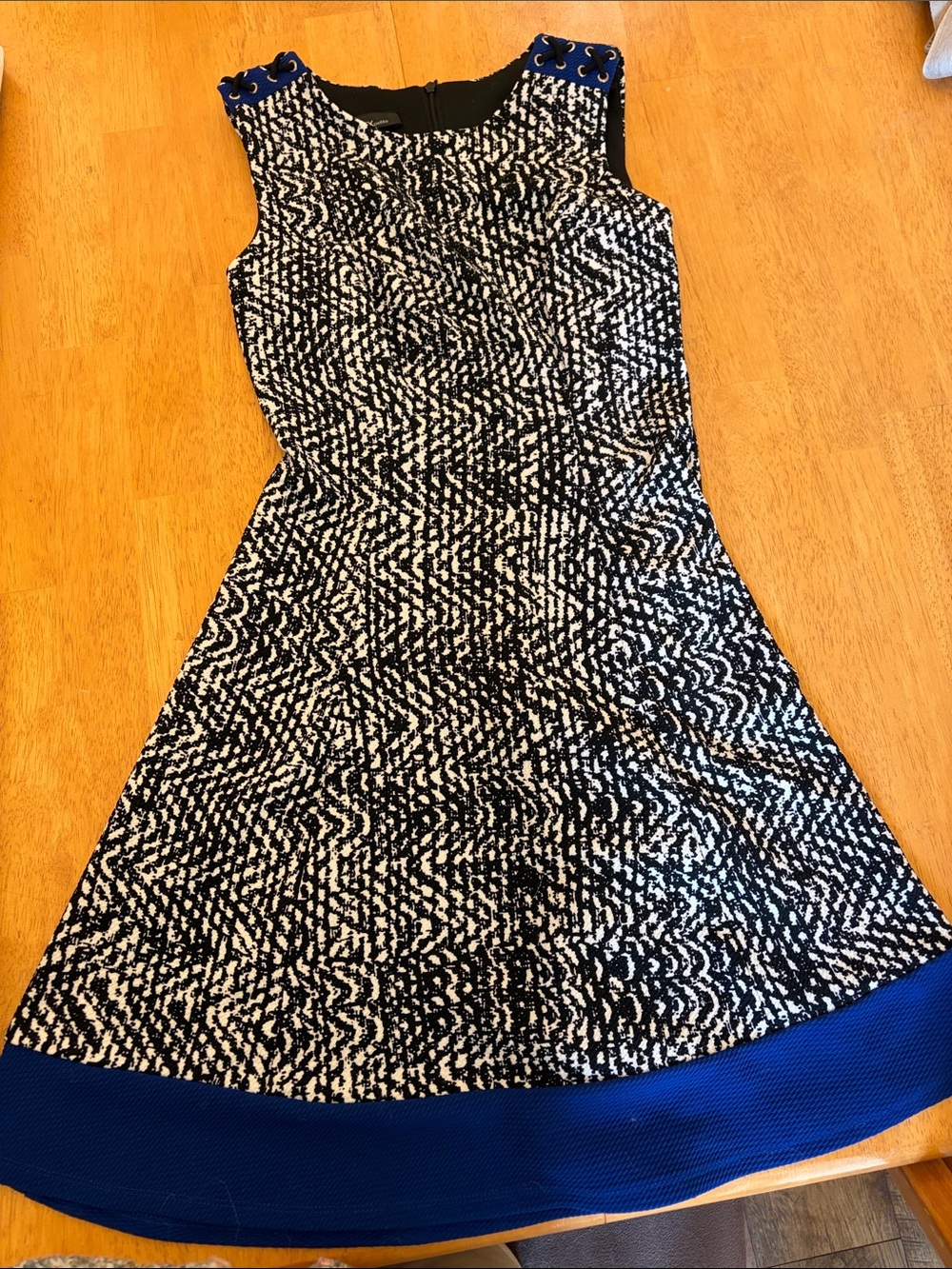 Black & White Textured Fit & Flare Dress with Royal Blue Trim